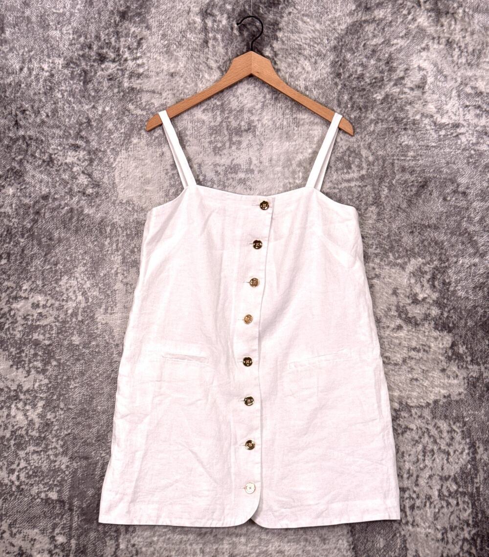 J Crew Dress Large Womens 100% Linen White Button Down Sleeveless